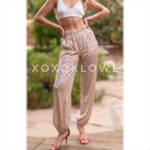 POL Champagne Gold Sequin Sparkle Elastic Waist Joggers - Picture 9 of 16